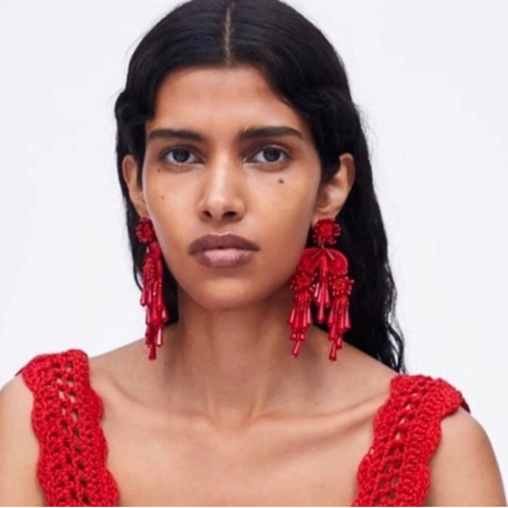 Zara red beaded statement earrings.
